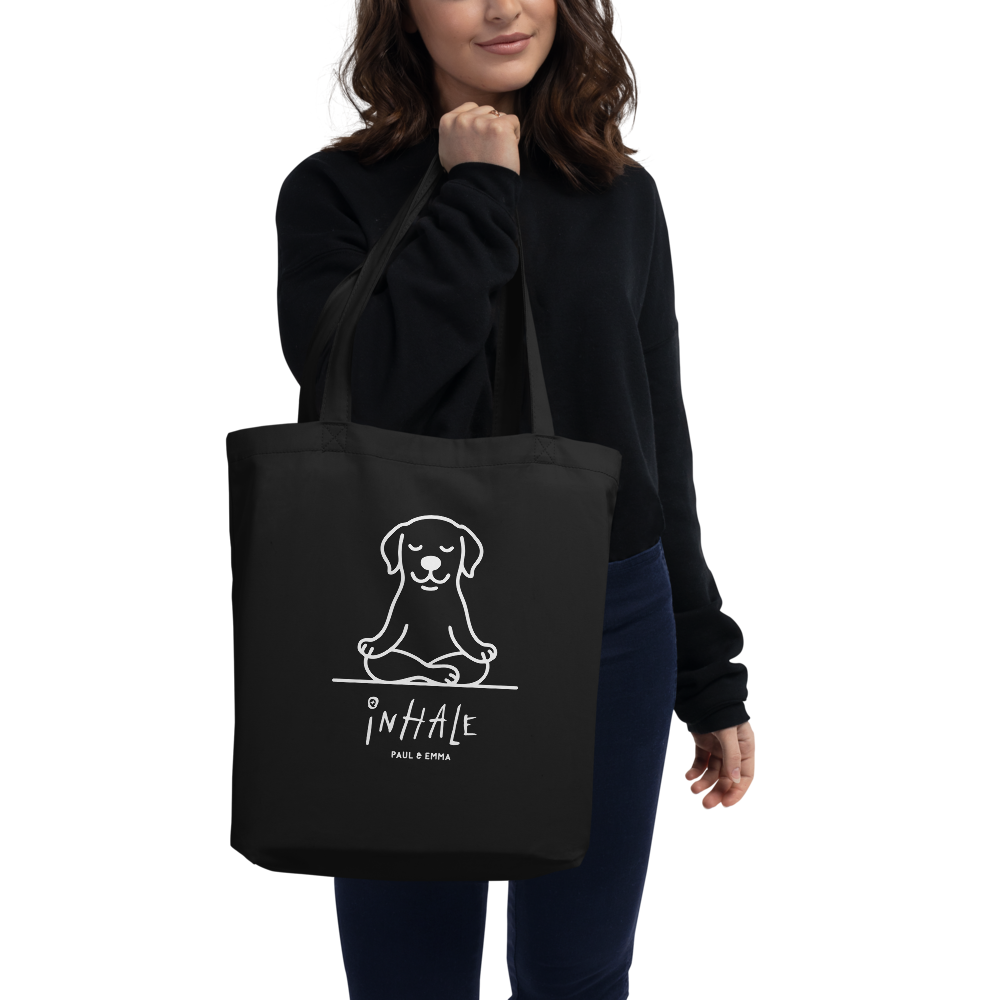 EXHALE INHALE Bio-Tote Bag Schwarz – Yoga Labrador