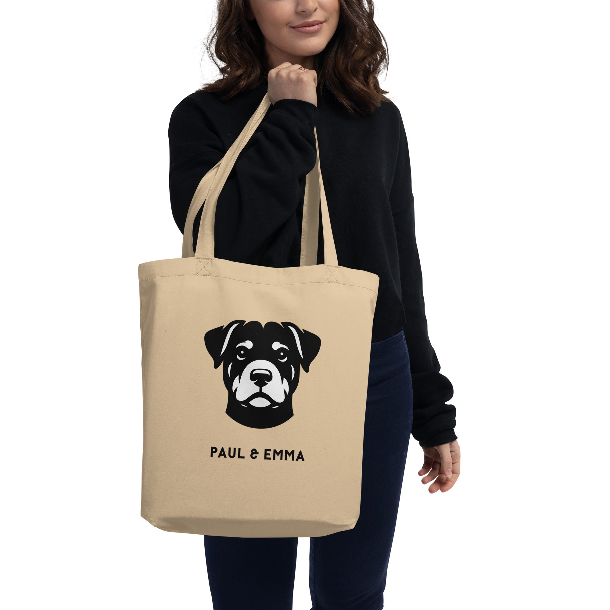Beige Bio-Baumwolltasche mit schwarzem Rottweiler-Icon und Paul & Emma Logo - nachhaltige Tote Bag